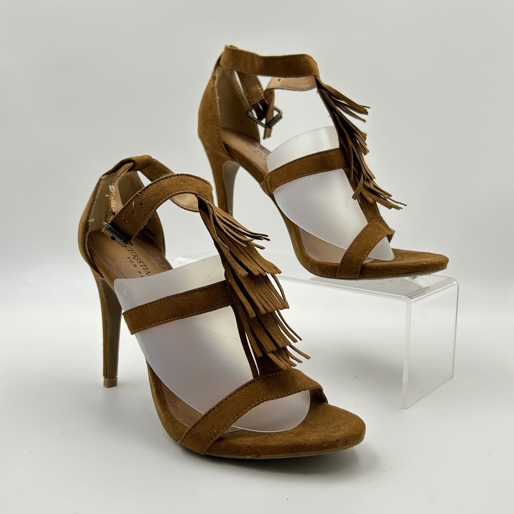 Christian Siriano Fringe Sandals Womens 7 Brown T-Strap Stiletto Heels Boho Chic